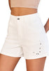 LookbookStore Women Cream White  High Waist Eyelet Embroidered Wide Leg Denim Shorts Stretchy Summer Mid Thigh Jean Shorts