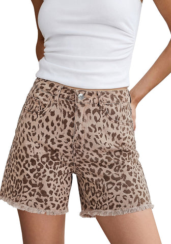 LookbookStore Women Pink Leopard High Rise Leopard Cheetah Print Jean Shorts, Stretch Denim Raw Hem Mid Thigh Casual Summer Jorts