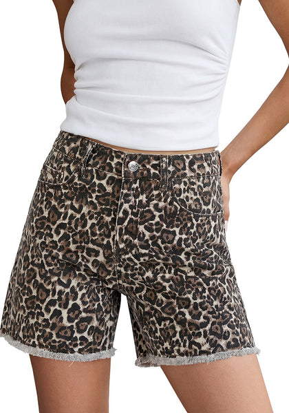 LookbookStore Women Bleached Sand Leopard High Rise Leopard Cheetah Print Jean Shorts, Stretch Denim Raw Hem Mid Thigh Casual Summer Jorts