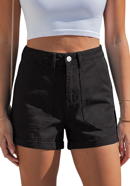 LookbookStore True Black Women's High Waisted Stretch Denim Shorts with Patch Pockets Rolled Cuff Casual Summer Staple