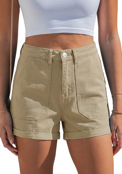 LookbookStore Khaki Women's High Waisted Stretch Denim Shorts with Patch Pockets Rolled Cuff Casual Summer Staple