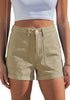 LookbookStore Khaki Women's High Waisted Stretch Denim Shorts with Patch Pockets Rolled Cuff Casual Summer Staple