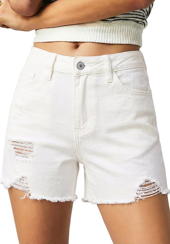 LookbookStore Women's Cream White Trendy High Waisted Jean Shorts - Ripped Distressed Raw Hem Stretchy Denim for Country Concerts