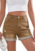LookbookStore Women Golden Brown High Waist Jean Shorts 2026 Trend Cuffed Hem Ripped Stretch Casual Summer Denim Jorts
