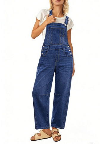 LookbookStore Women's Darkness Blue Denim Overalls Baggy Barrel Leg Stretchy Bib Jumpsuit Adjustable Straps Casual Fit