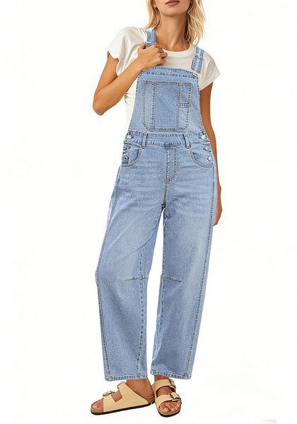 LookbookStore Women's Airy Blue Denim Overalls Baggy Barrel Leg Stretchy Bib Jumpsuit Adjustable Straps Casual Fit