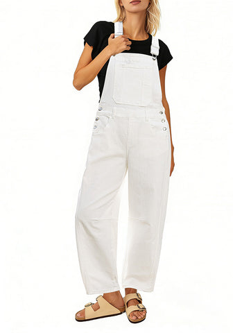 LookbookStore Women's Cream White Denim Overalls Baggy Barrel Leg Stretchy Bib Jumpsuit Adjustable Straps Casual Fit