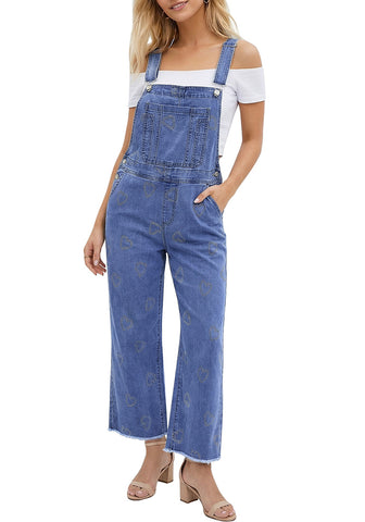 LookbookStore Women's Heart Medium Blue Embroidered Denim Overalls, Loose Fit Wide Leg Capri Bib Overall, Stretchy Raw Hem Summer Jean Jumpsuit