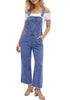 LookbookStore Women's Heart Medium Blue Embroidered Denim Overalls, Loose Fit Wide Leg Capri Bib Overall, Stretchy Raw Hem Summer Jean Jumpsuit