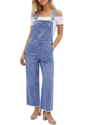 LookbookStore Women's Floral Medium Blue Embroidered Denim Overalls, Loose Fit Wide Leg Capri Bib Overall, Stretchy Raw Hem Summer Jean Jumpsuit