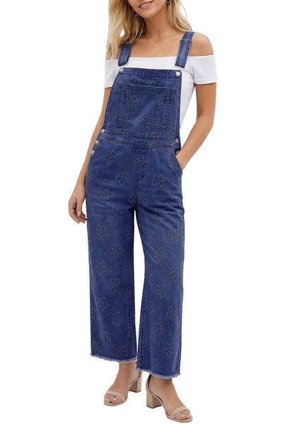 LookbookStore Women's Floral Darkness Blue Embroidered Denim Overalls, Loose Fit Wide Leg Capri Bib Overall, Stretchy Raw Hem Summer Jean Jumpsuit