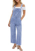 LookbookStore Women's Floral Powder Blue Embroidered Denim Overalls, Loose Fit Wide Leg Capri Bib Overall, Stretchy Raw Hem Summer Jean Jumpsuit
