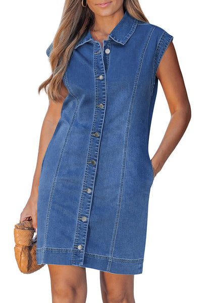 LookbookStore Darkness Blue Denim Mini Dress for Women Collared Sleeveless Button Front Slim Fit Jean Dresses Casual Daily Wear Staple