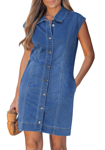 LookbookStore Darkness Blue Denim Mini Dress for Women Collared Sleeveless Button Front Slim Fit Jean Dresses Casual Daily Wear Staple