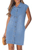 LookbookStore Medium Blue Denim Mini Dress for Women Collared Sleeveless Button Front Slim Fit Jean Dresses Casual Daily Wear Staple