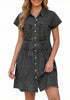 LookbookStore Washed Black Women's Short Sleeve Babydoll Denim Dress – Pleated Raw Hem Distressed Western Style with Pockets