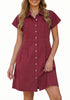 LookbookStore Wine Red Women's Short Sleeve Babydoll Denim Dress – Pleated Raw Hem Distressed Western Style with Pockets