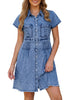 LookbookStore Bay Blue Women's Short Sleeve Babydoll Denim Dress – Pleated Raw Hem Distressed Western Style with Pockets