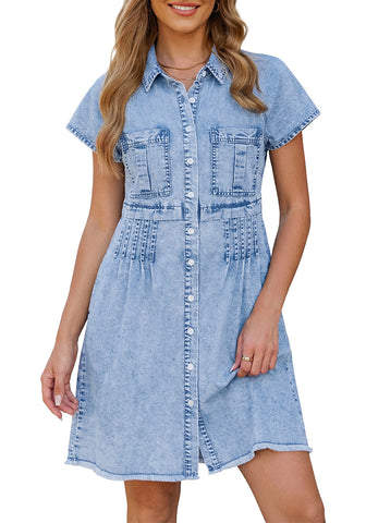 LookbookStore  Roadknight Blue Women's Short Sleeve Babydoll Denim Dress – Pleated Raw Hem Distressed Western Style with Pockets