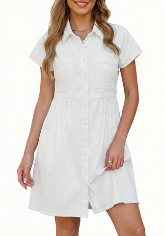 LookbookStore Cream White Women's Short Sleeve Babydoll Denim Dress – Pleated Raw Hem Distressed Western Style with Pockets