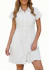 LookbookStore Cream White Women's Short Sleeve Babydoll Denim Dress – Pleated Raw Hem Distressed Western Style with Pockets