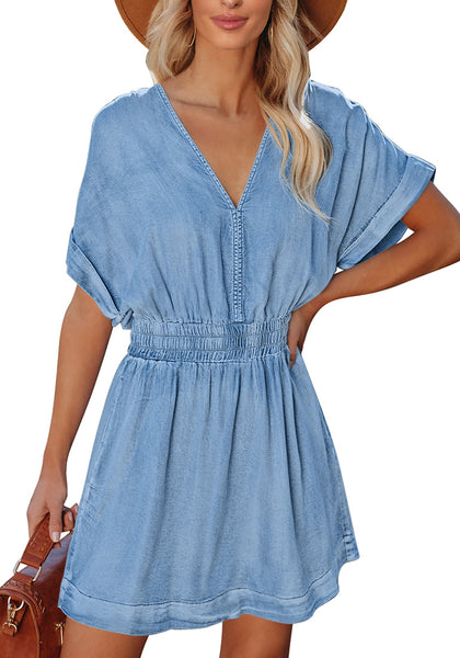 Powder Blue Denim Dress for Women Chambray Batwing Sleeves Smocked Waist A-line Short Jean Dresses with Pockets