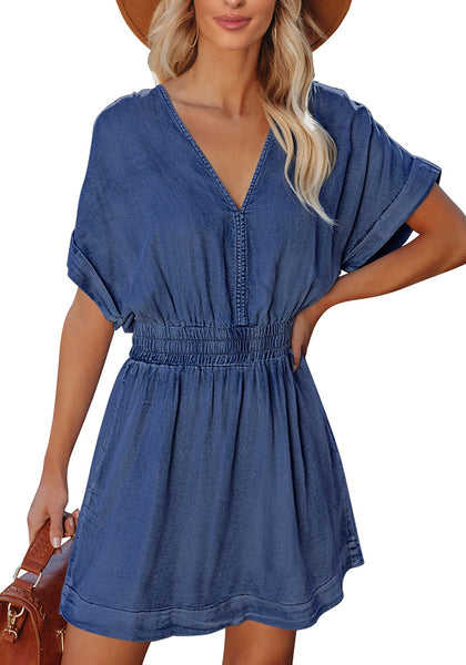 Dark Blue Denim Dress for Women Chambray Batwing Sleeves Smocked Waist A-line Short Jean Dresses with Pockets
