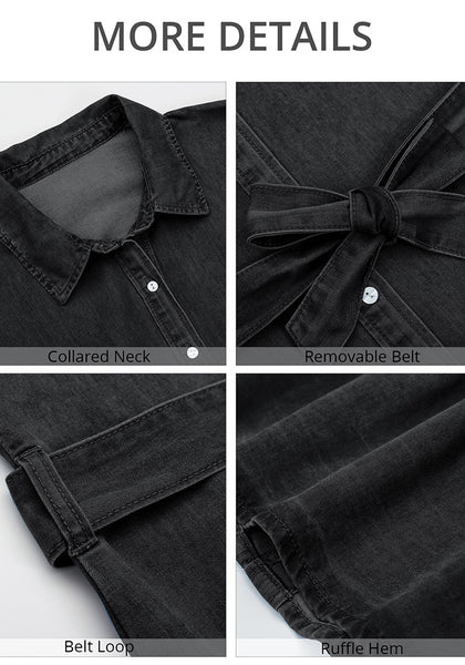 Soft Black Women's Flowy Short Sleeve Button Down Denim Dress with Belt