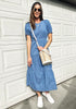 Cool Blue Women's A-Line Elastic Waist Midi Dresses Puff Sleeve Denim Dress