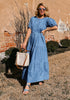 Cool Blue Women's A-Line Elastic Waist Midi Dresses Puff Sleeve Denim Dress