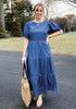 Classic Blue Women's A-Line Elastic Waist Midi Dresses Puff Sleeve Denim Dress
