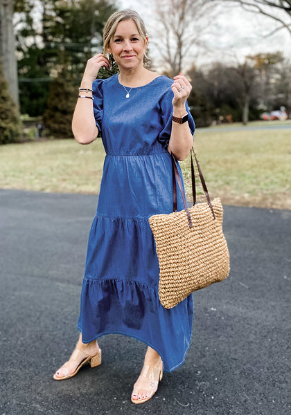 Classic Blue Women's A-Line Elastic Waist Midi Dresses Puff Sleeve Denim Dress