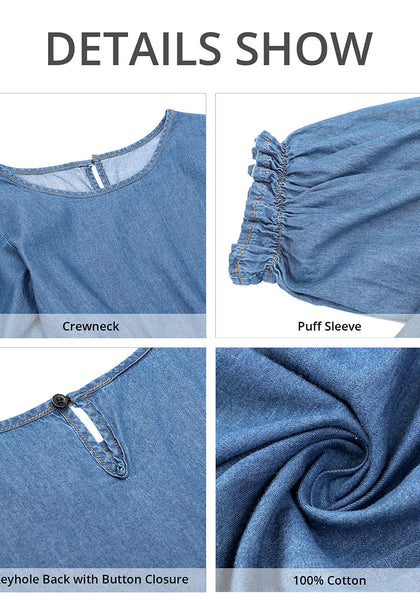 Cool Blue Women's A-Line Elastic Waist Midi Dresses Puff Sleeve Denim Dress