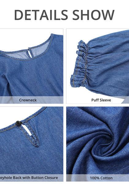 Classic Blue Women's A-Line Elastic Waist Midi Dresses Puff Sleeve Denim Dress