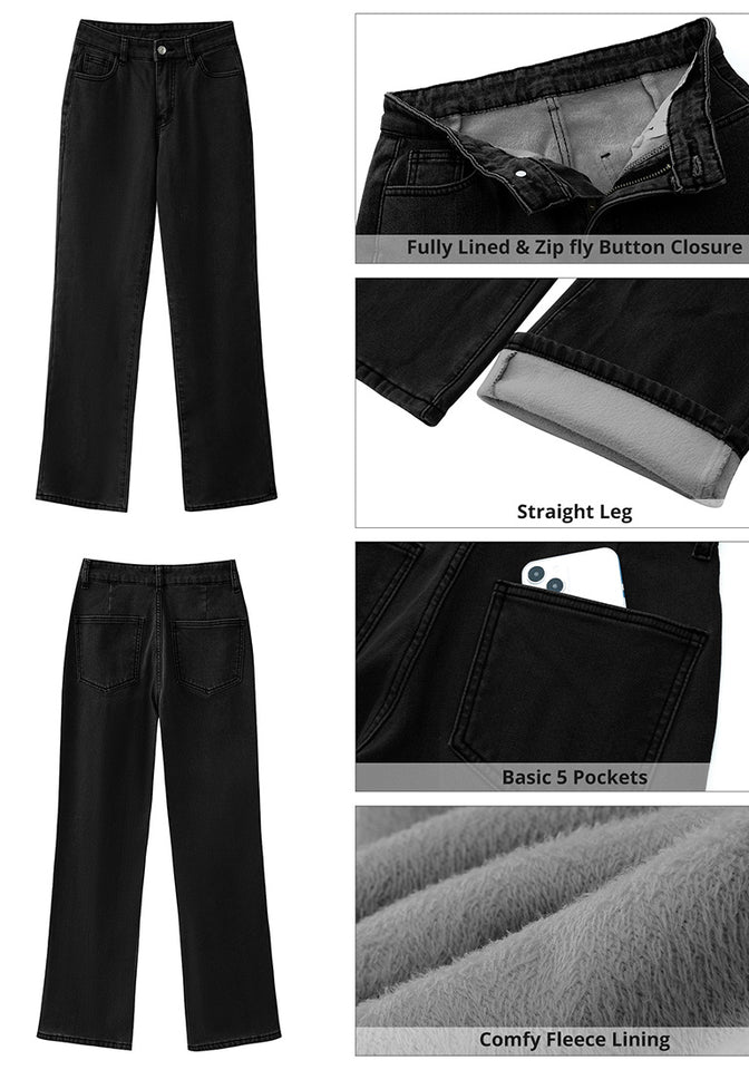 Fleece Lined Straight Leg Pants With Pockets - Black