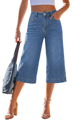 LookbookStore Women's Medium Blue High Waisted Wide Leg Capri Pants Stretchy Denim Jeans Side Seam Design Casual Summer Trendy Style