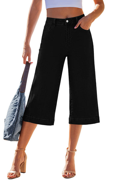 LookbookStore Women's True Black High Waisted Wide Leg Capri Pants Stretchy Denim Jeans Side Seam Design Casual Summer Trendy Style