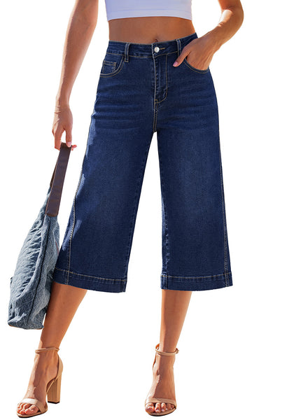 LookbookStore Women's Darkness Blue High Waisted Wide Leg Capri Pants Stretchy Denim Jeans Side Seam Design Casual Summer Trendy Style