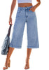 LookbookStore Women's Roadnight Blue High Waisted Wide Leg Capri Pants Stretchy Denim Jeans Side Seam Design Casual Summer Trendy Style