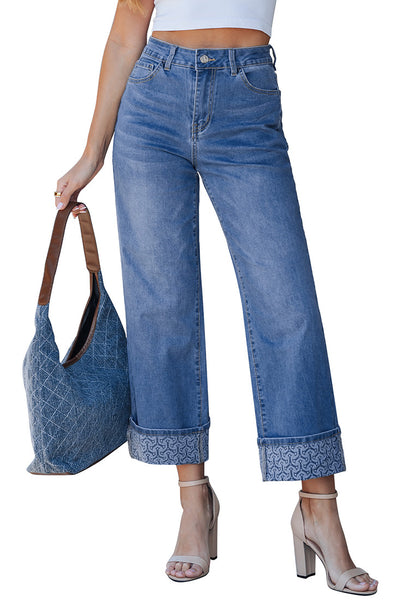 LookbookStore Women's Arrow Turquoise Blue High Waisted Cropped Wide Leg Jeans Trendy Printed Fold Hem Loose Straight Stretchy Denim Pants