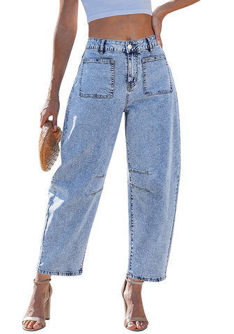 LookbookStore Roadnight Blue Barrel Jeans for Women Chic Retro High Waist Loose Cropped Denim Pants with Utility Patch Pockets