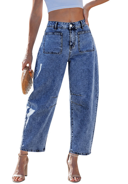 LookbookStore Midnight Blue Barrel Jeans for Women Chic Retro High Waist Loose Cropped Denim Pants with Utility Patch Pockets