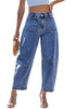 LookbookStore Midnight Blue Barrel Jeans for Women Chic Retro High Waist Loose Cropped Denim Pants with Utility Patch Pockets
