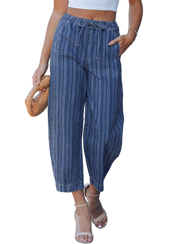 LookbookStore Women's Classic Blue Stripe Cropped Barrel Jeans High Waist Elastic Pull On Wide Leg Casual Stretch Denim Pants