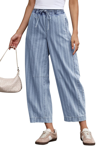 LookbookStore Women's Airy Blue Stripe Cropped Barrel Jeans High Waist Elastic Pull On Wide Leg Casual Stretch Denim Pants
