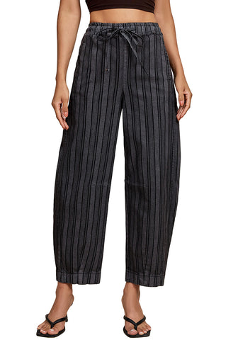 LookbookStore Women's Foxy Gray Stripe Cropped Barrel Jeans High Waist Elastic Pull On Wide Leg Casual Stretch Denim Pants