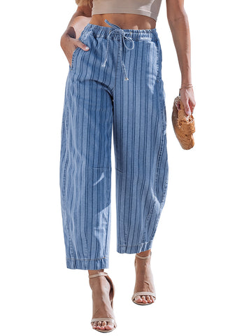 LookbookStore Women's Modern Blue Stripe Cropped Barrel Jeans High Waist Elastic Pull On Wide Leg Casual Stretch Denim Pants