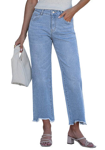 LookbookStore Women's Blue Breeze Mid Rise Straight Leg Cropped Jeans Baggy Loose Distressed Raw Hem Stretchy Denim Pants