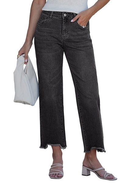 LookbookStore Women's Washed Black Mid Rise Straight Leg Cropped Jeans Baggy Loose Distressed Raw Hem Stretchy Denim Pants