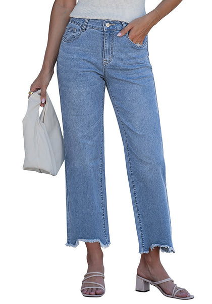 LookbookStore Women's Medium Blue Mid Rise Straight Leg Cropped Jeans Baggy Loose Distressed Raw Hem Stretchy Denim Pants